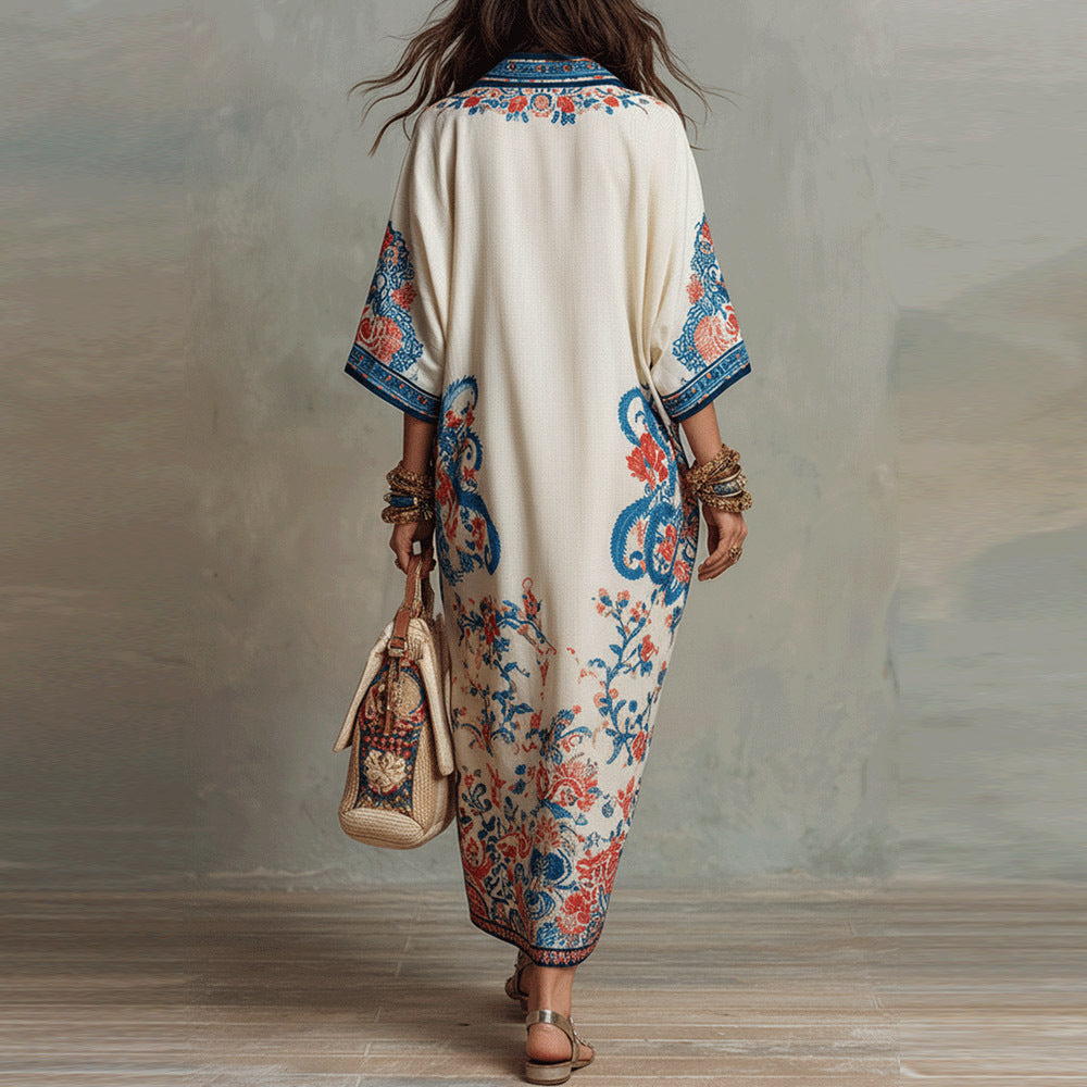 Vintage Blue Red Floral Print Linen Collar Half Placket Kaftan Midi Shirt Dress