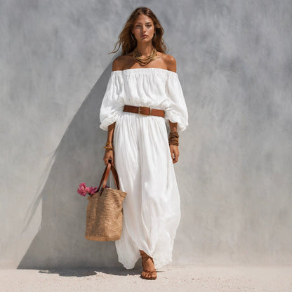 Women's Casual Beige Woven Off-Shoulder Long-Sleeve Maxi Dress (with Belt)