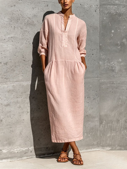 Linen Stand Collar Split V 3/4 Sleeve Drop Pocket Midi Dress
