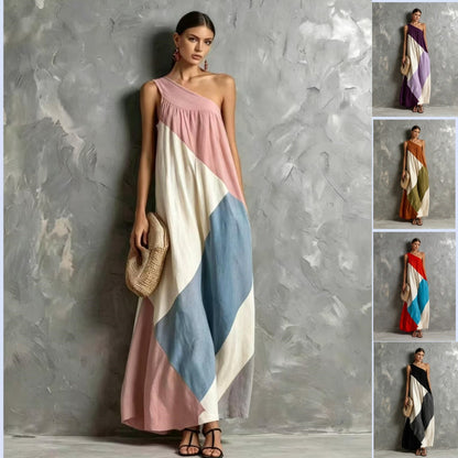 Color Block One Shoulder Vacation Maxi Dress