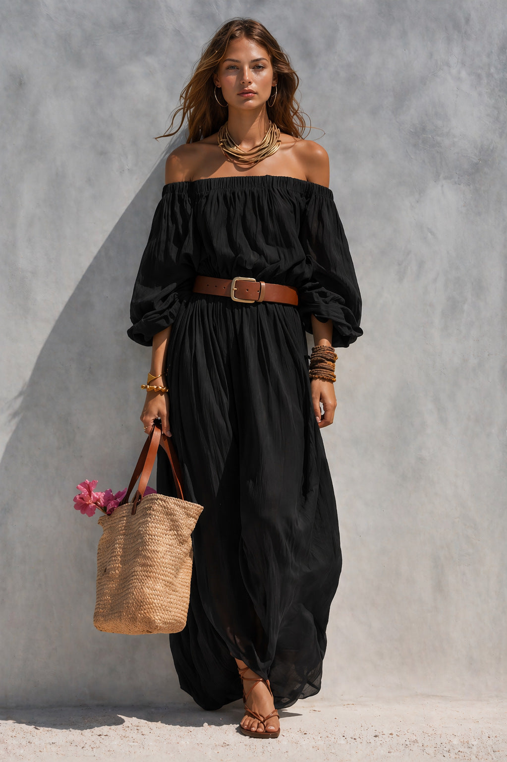 Women's Casual Beige Woven Off-Shoulder Long-Sleeve Maxi Dress (with Belt)