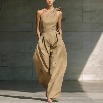 Sleeveless Slanted Shoulder Waist Jumpsuit