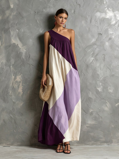 Color Block One Shoulder Vacation Maxi Dress