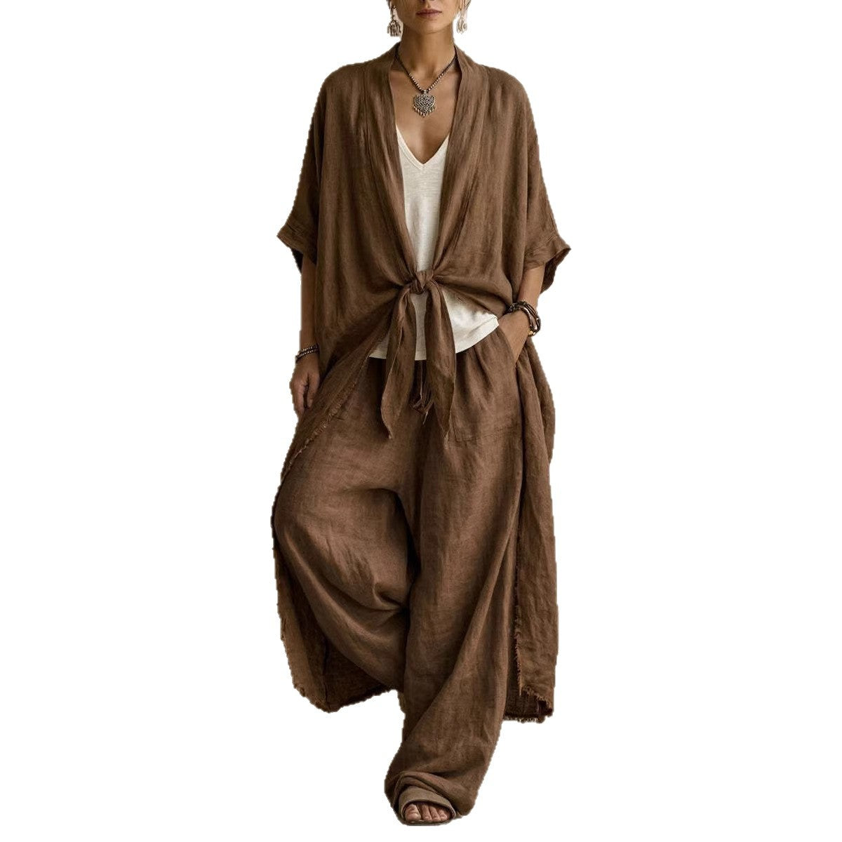 Oversized Linen Kimono & Wide Leg Pants Two-Piece Set
