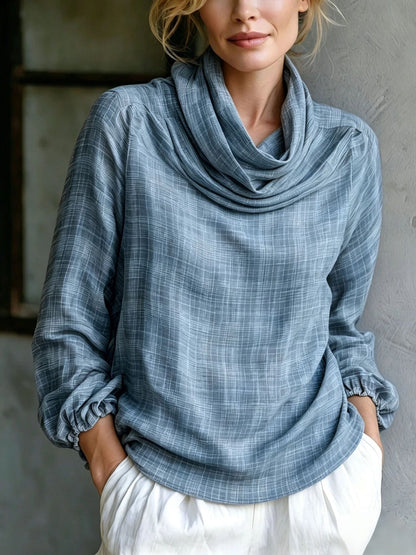 Fine Grid Cowl Neck Gathered Cuff Long Sleeve Linen Blouse