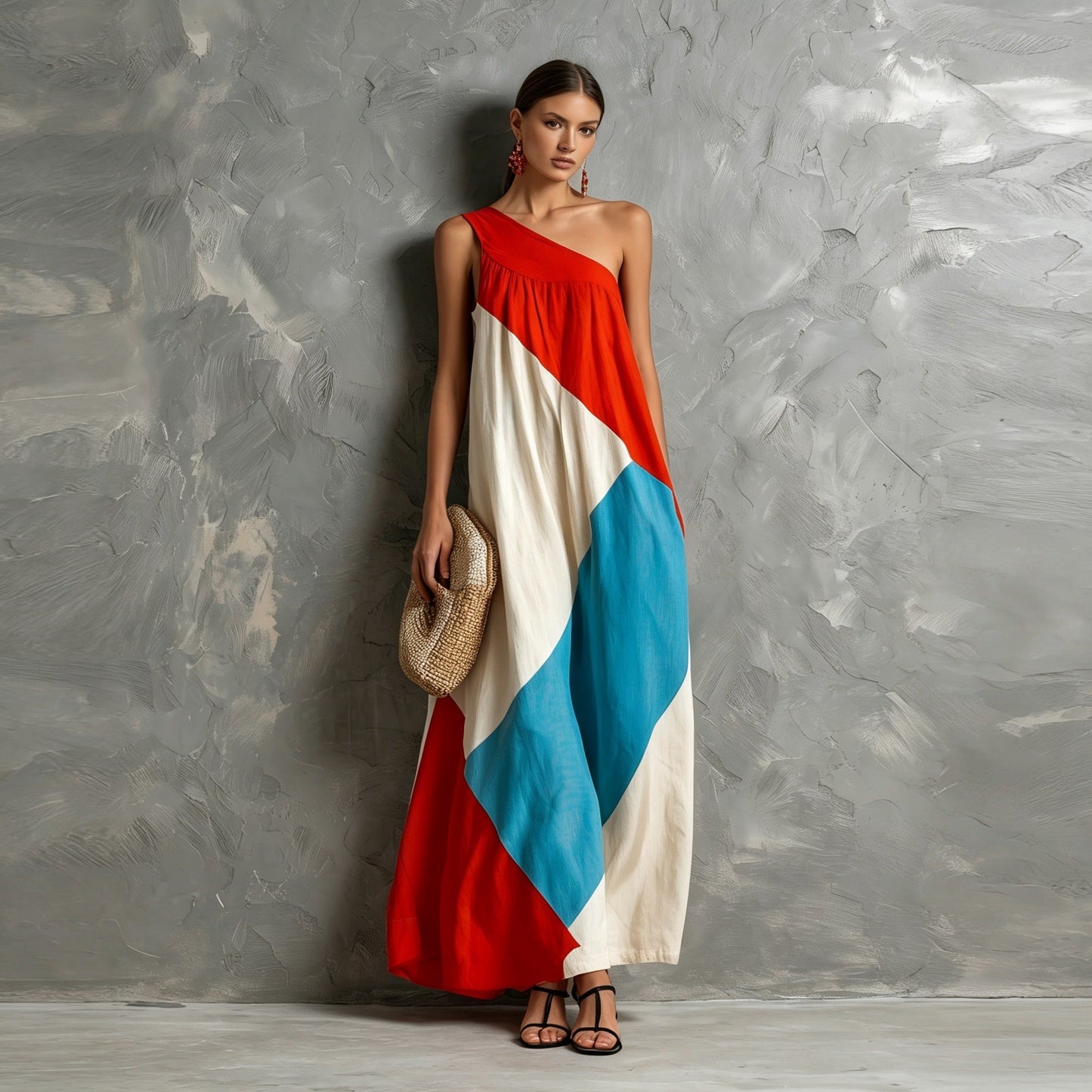 Color Block One Shoulder Vacation Maxi Dress