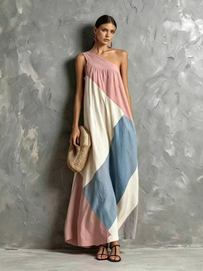 Color Block One Shoulder Vacation Maxi Dress