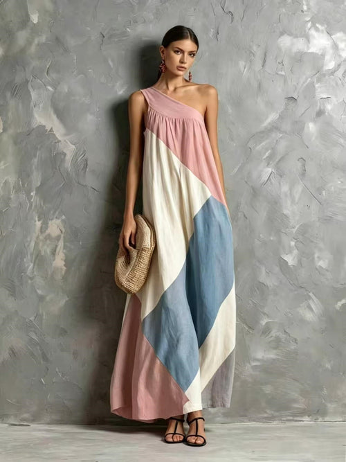 Color Block One Shoulder Vacation Maxi Dress