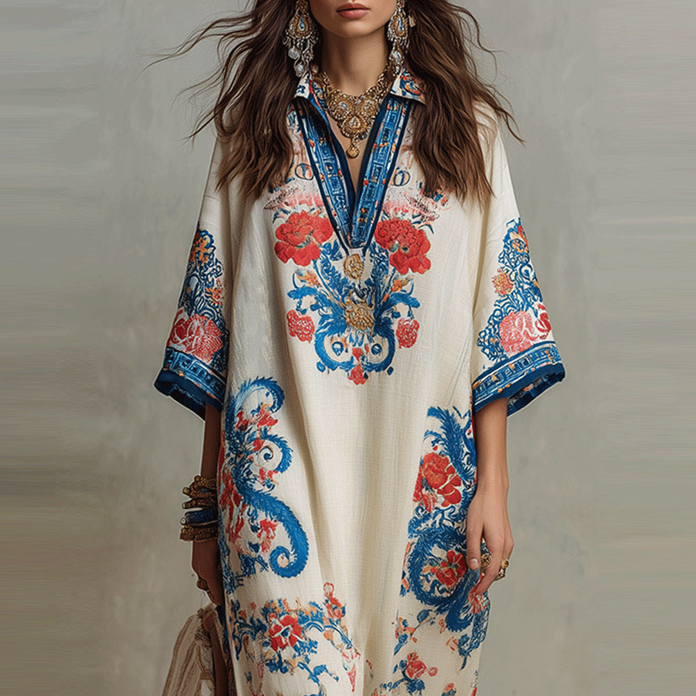 Vintage Blue Red Floral Print Linen Collar Half Placket Kaftan Midi Shirt Dress
