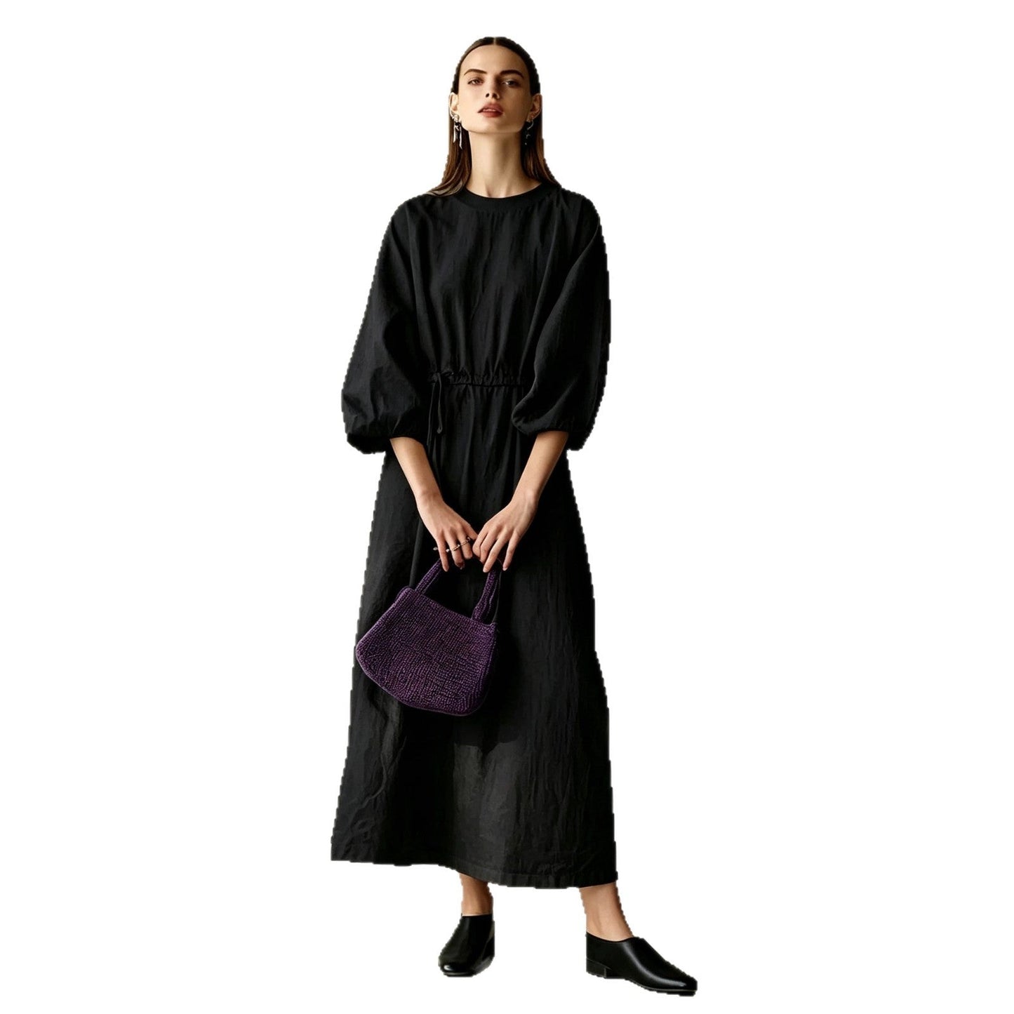 Women's Cream Textured Cotton-Blend Maxi Gown With Drop Shoulder Lantern Sleeves & Self Tie Waist Detail, Modern Effortless-Chic Everyday Maxi Dress