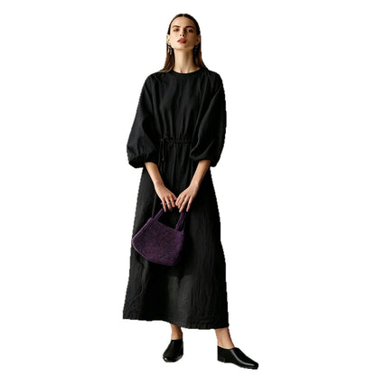Women's Cream Textured Cotton-Blend Maxi Gown With Drop Shoulder Lantern Sleeves & Self Tie Waist Detail, Modern Effortless-Chic Everyday Maxi Dress