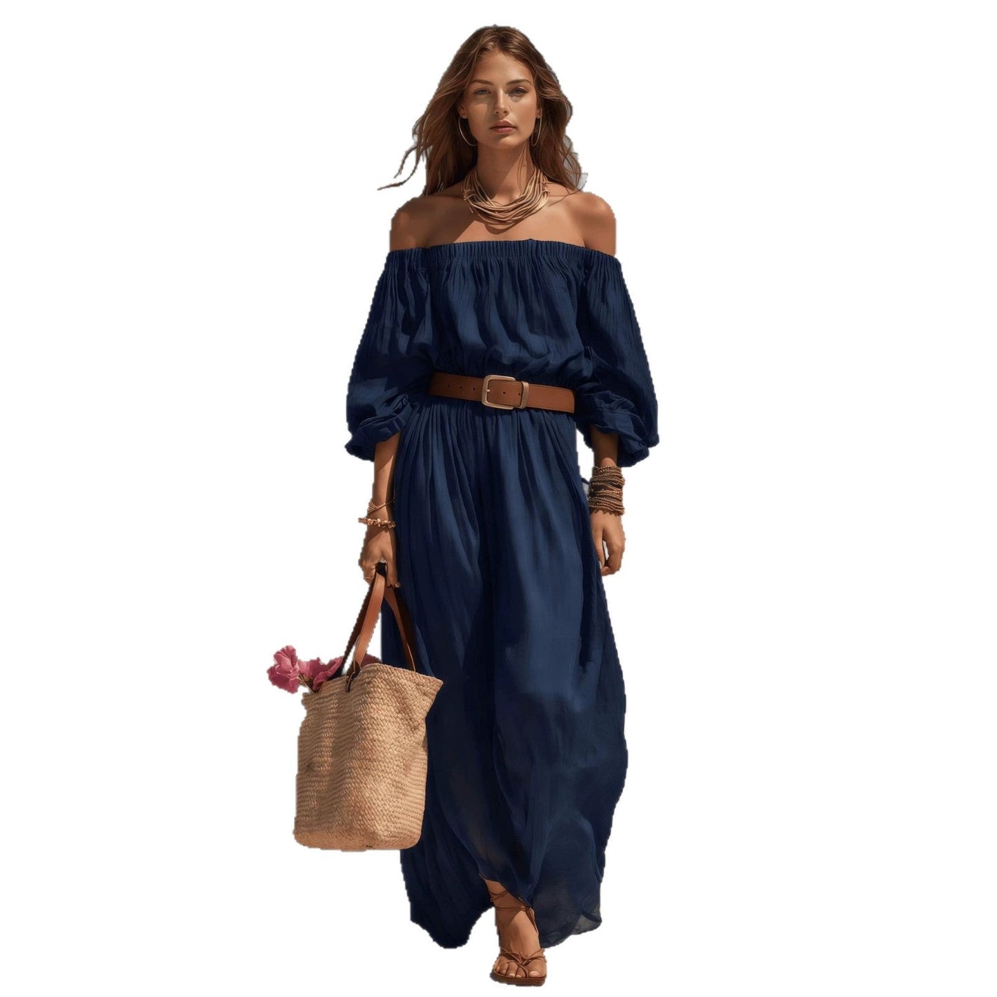 Women's Casual Beige Woven Off-Shoulder Long-Sleeve Maxi Dress (with Belt)