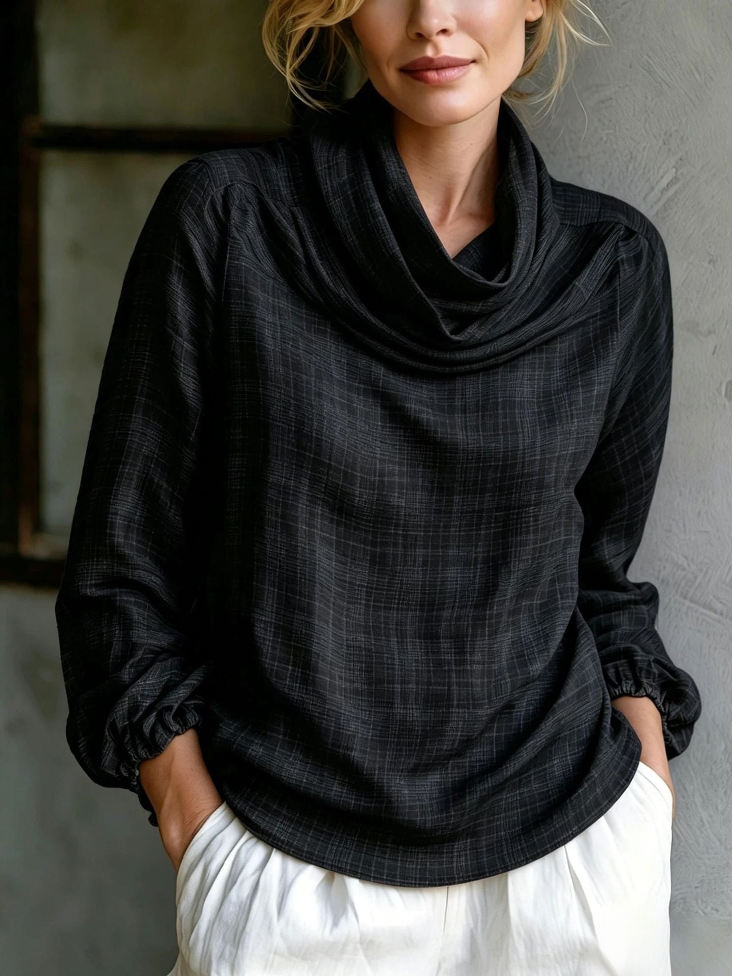 Fine Grid Cowl Neck Gathered Cuff Long Sleeve Linen Blouse