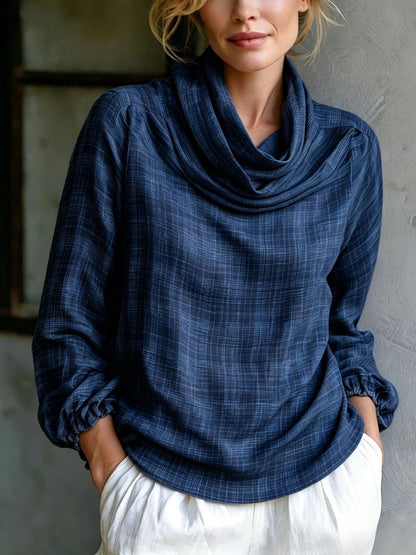 Fine Grid Cowl Neck Gathered Cuff Long Sleeve Linen Blouse