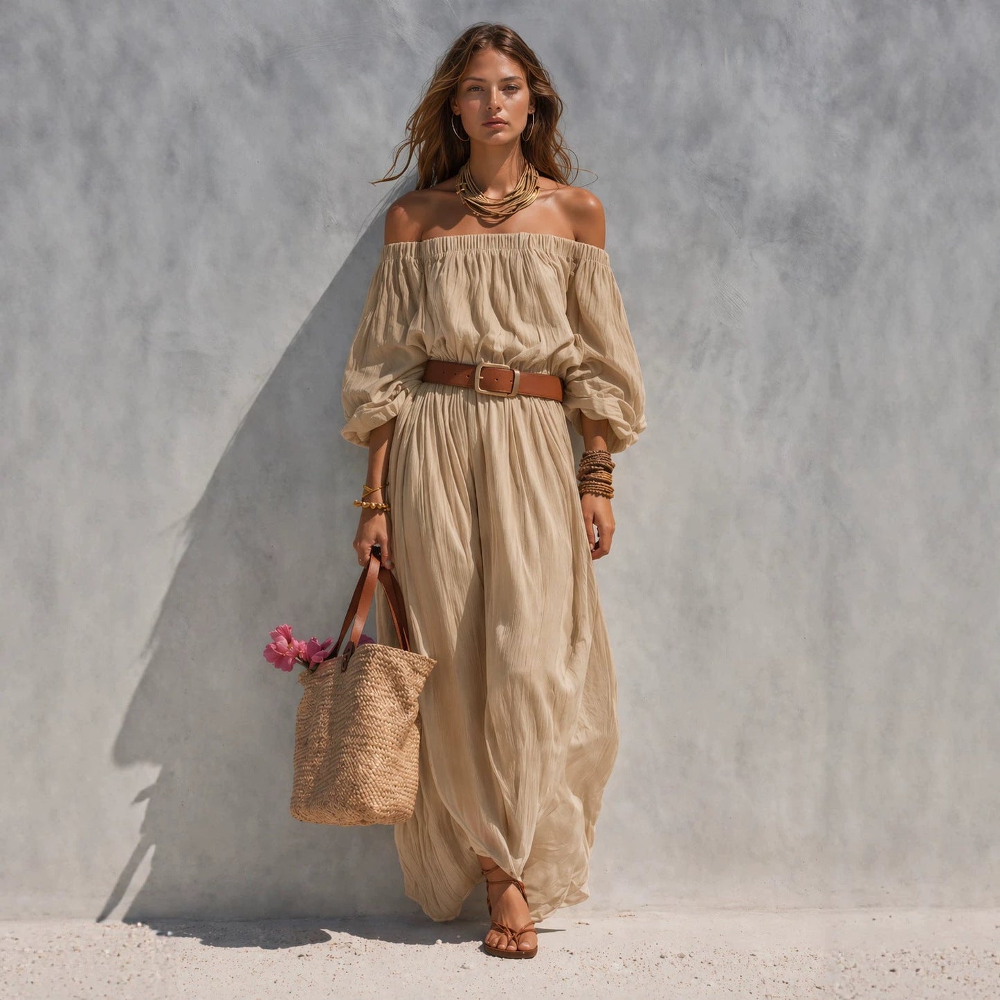 Women's Casual Beige Woven Off-Shoulder Long-Sleeve Maxi Dress (with Belt)