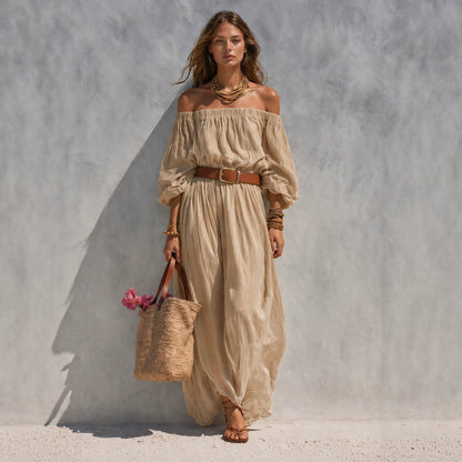 Women's Casual Beige Woven Off-Shoulder Long-Sleeve Maxi Dress (with Belt)