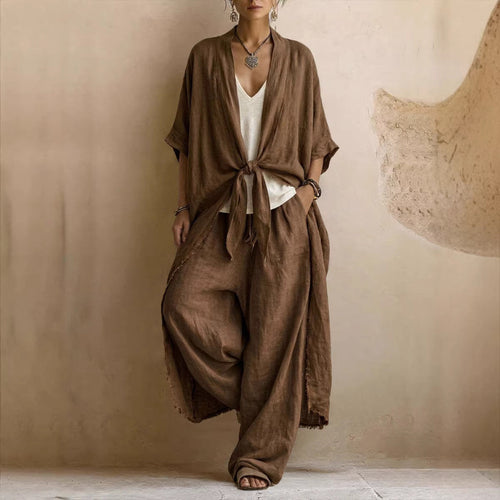 Oversized Linen Kimono & Wide Leg Pants Two-Piece Set