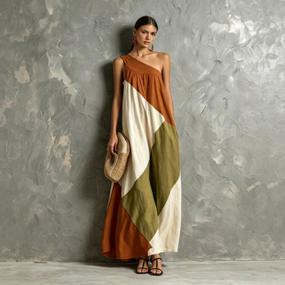 Color Block One Shoulder Vacation Maxi Dress