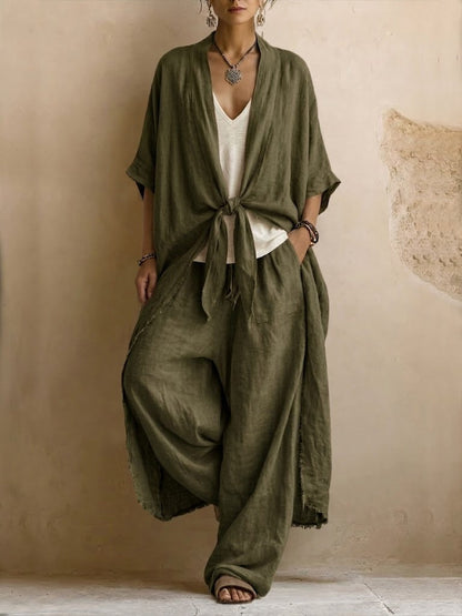 Oversized Linen Kimono & Wide Leg Pants Two-Piece Set