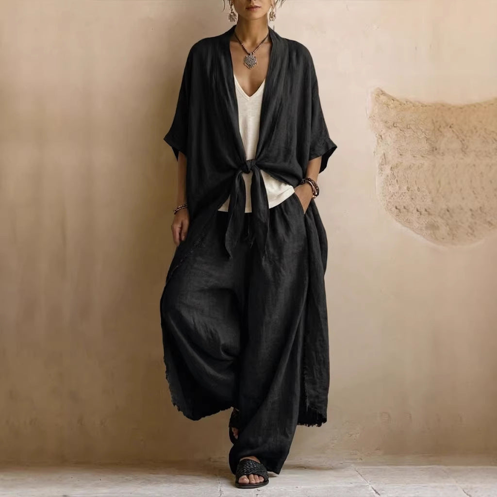 Oversized Linen Kimono & Wide Leg Pants Two-Piece Set