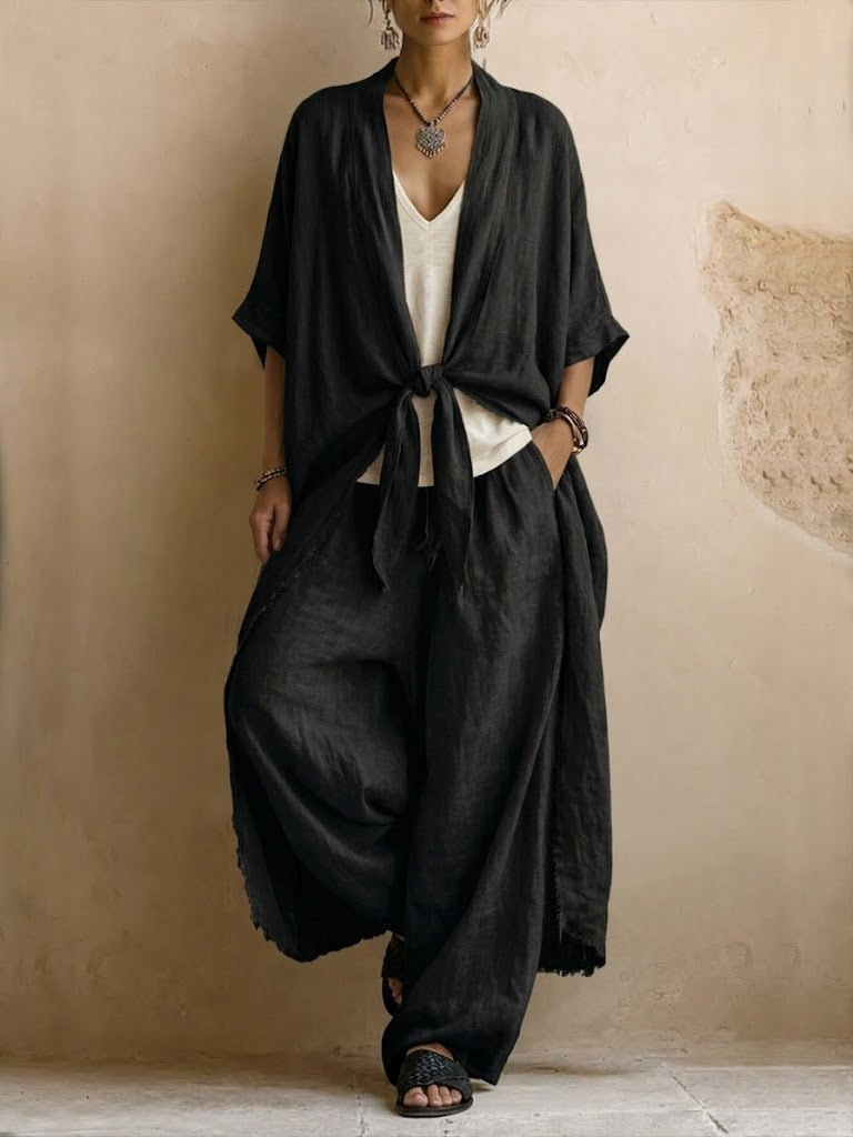 Oversized Linen Kimono & Wide Leg Pants Two-Piece Set