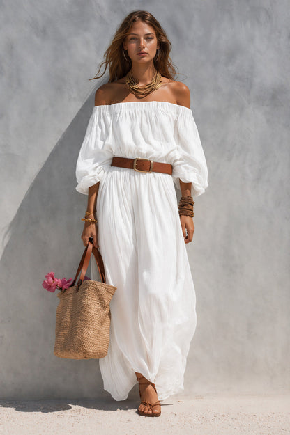 Women's Casual Beige Woven Off-Shoulder Long-Sleeve Maxi Dress (with Belt)