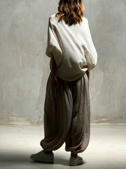 White Batwing Wide-sleeved Top And Light Khaki Harem Pants Suit