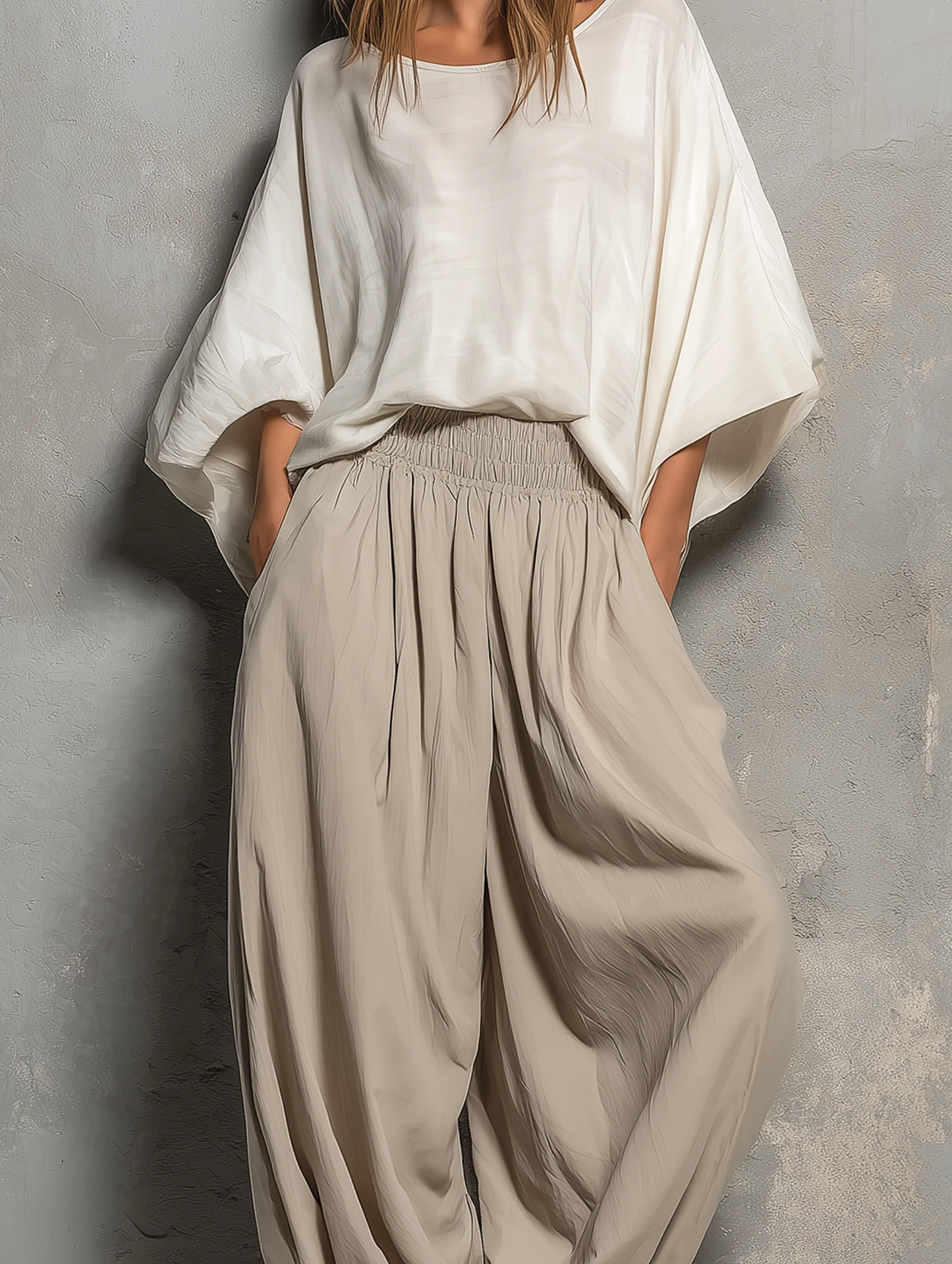 White Batwing Wide-sleeved Top And Light Khaki Harem Pants Suit