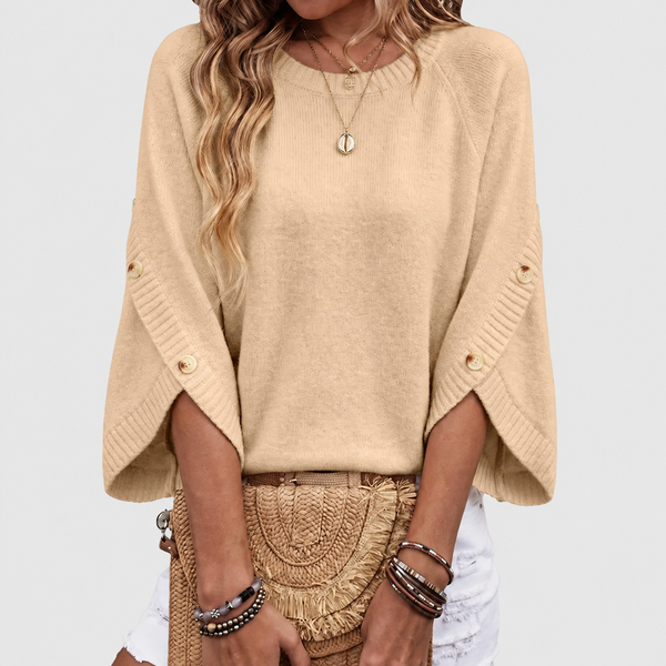 Women's 3/4 Sleeve Oversized Crewneck Knit Sweater with Button Sleeve