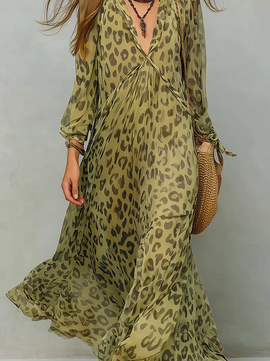 Women's Retro Leopard Pattern Art Print Casual Stylish Maxi Dress