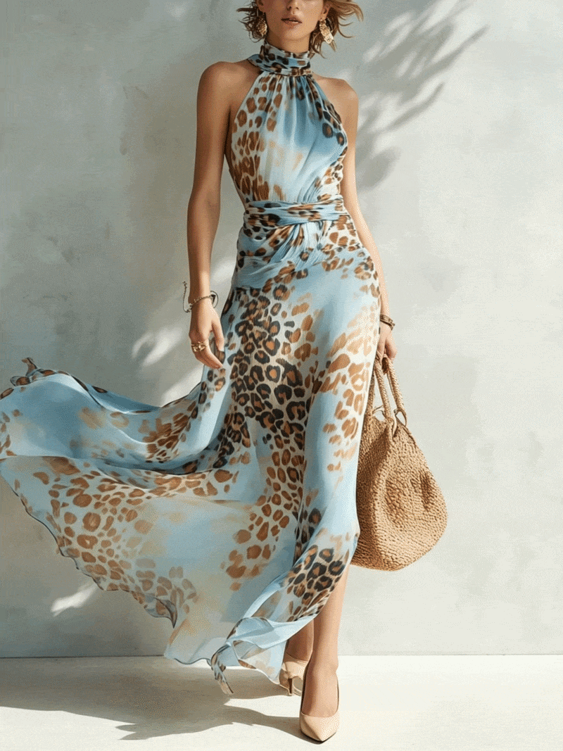 Blue Leopard Print Chiffon Maxi Dress