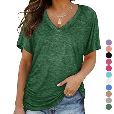 Pleated Solid Color V-Neck T-Shirt