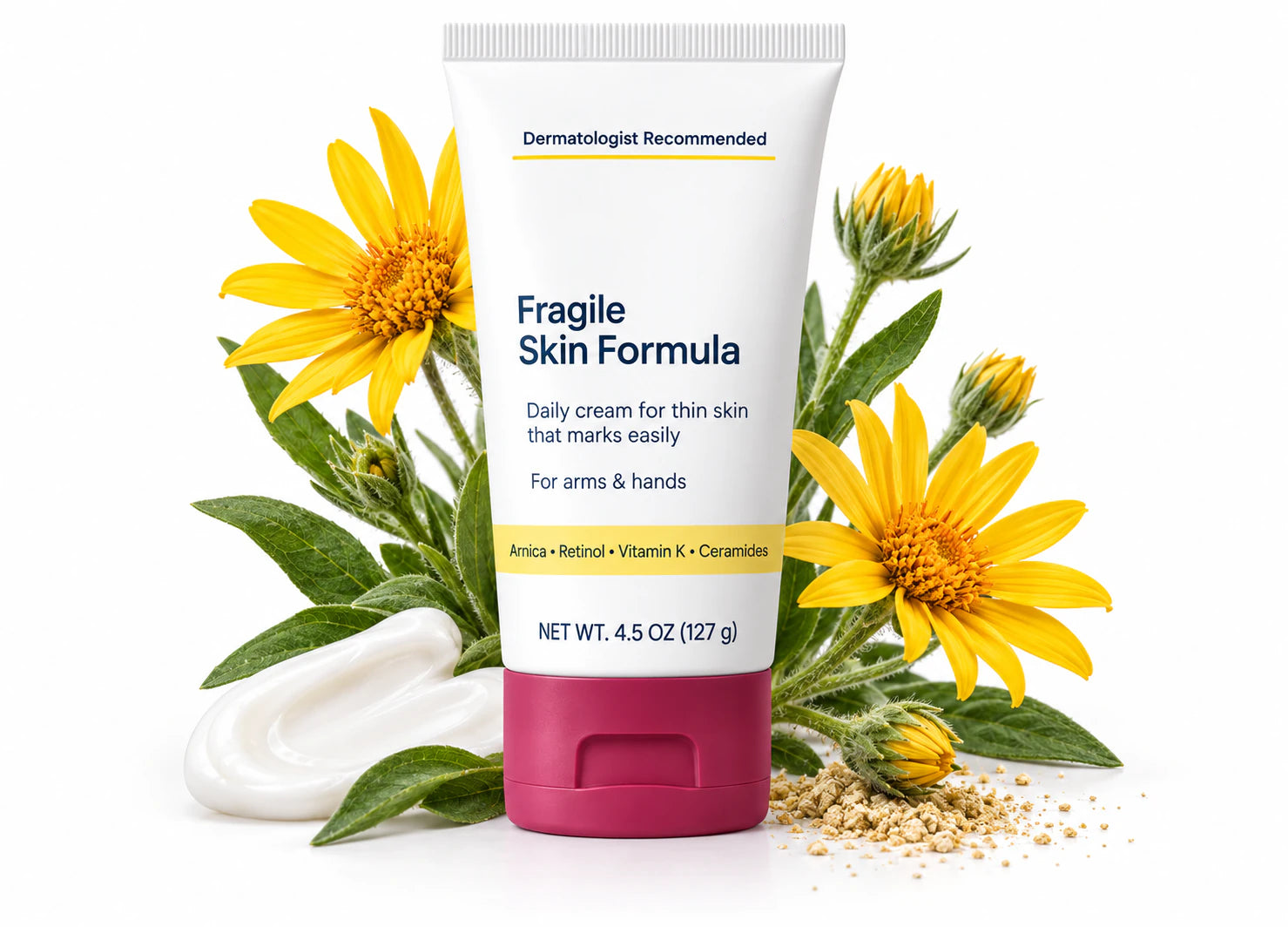  lookscene  Fragile Skin Formula surrounded by Arnica montana flowers