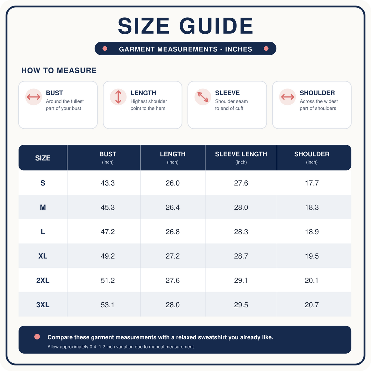 Layered sweatshirt garment size guide in inches for sizes S through 3XL