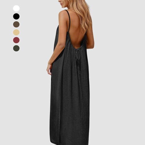 Solid Color Shirred Backless Spaghetti Strap Maxi Dress