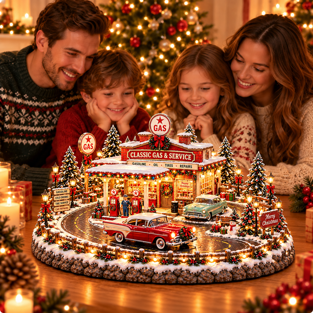 Family enjoying Christmas Classic Gas Station Village