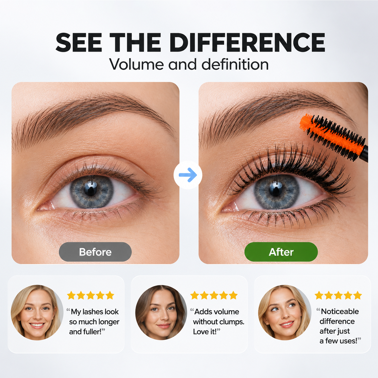 Illustrative lash makeup comparison showing volume and definition