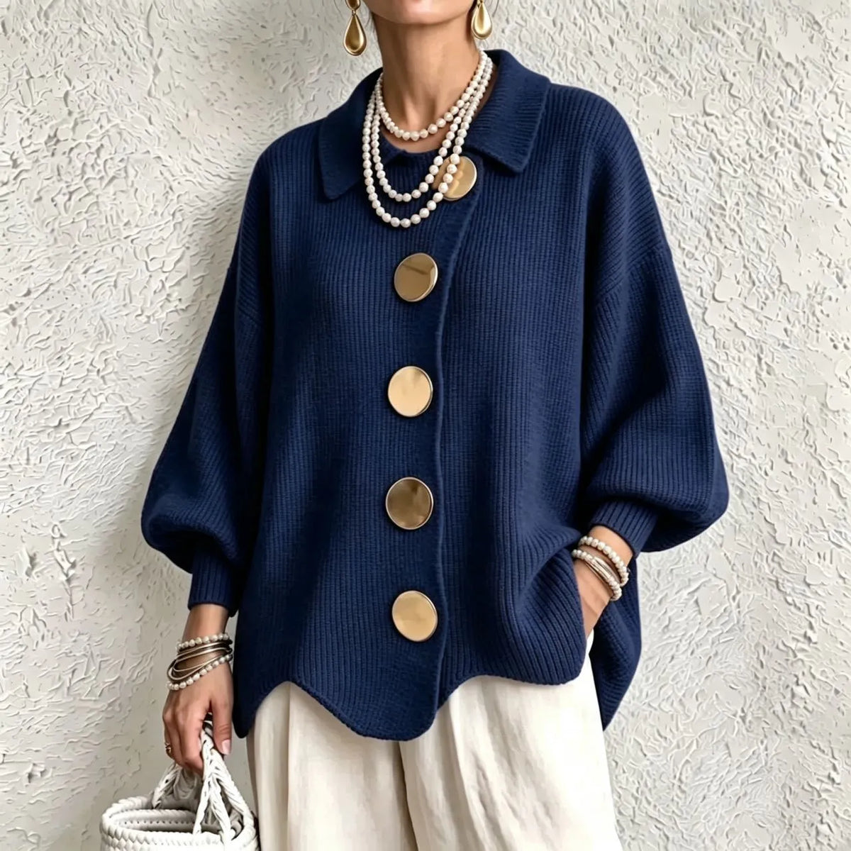 Women's French Knit Cardigan Metal Buttons Irregular Hem