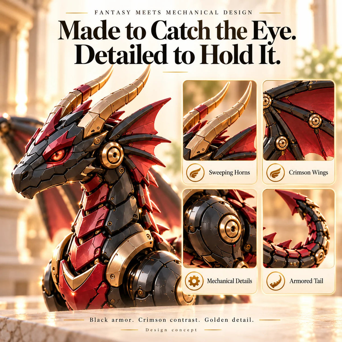 🔥last Day 49% Off🔥-🐉 Mechanical Dragon Egg – Black & Crimson Dragon With Folding Wings & Armored Details