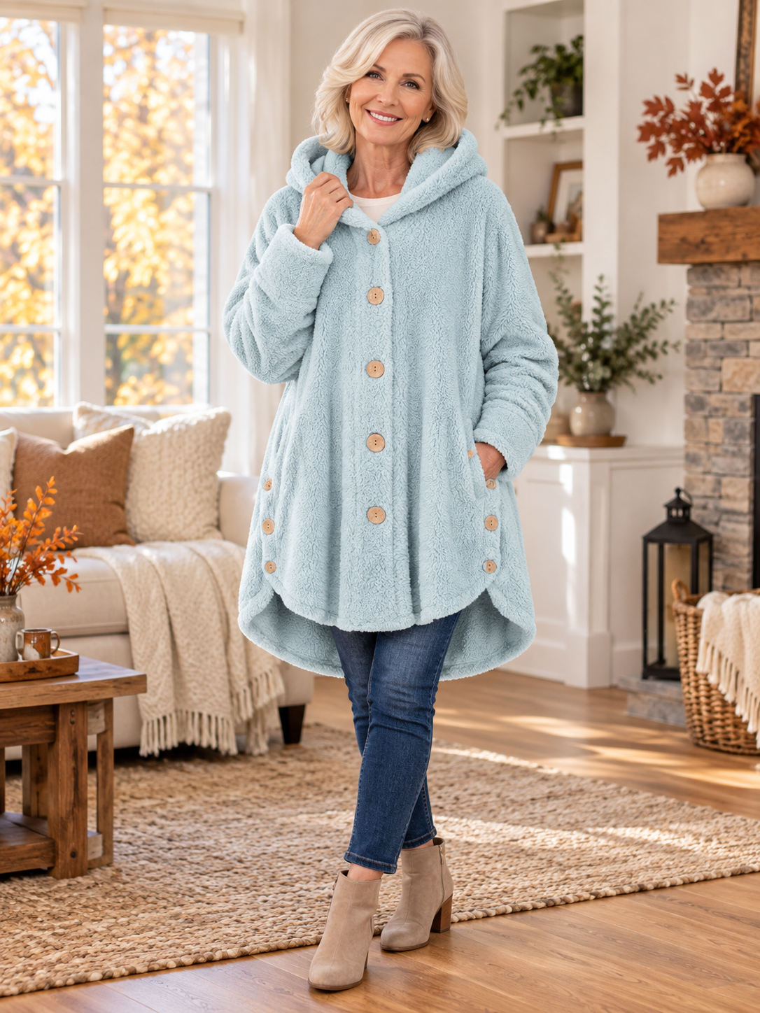 Women’s Cozy Plush Hooded High-Low Coat
