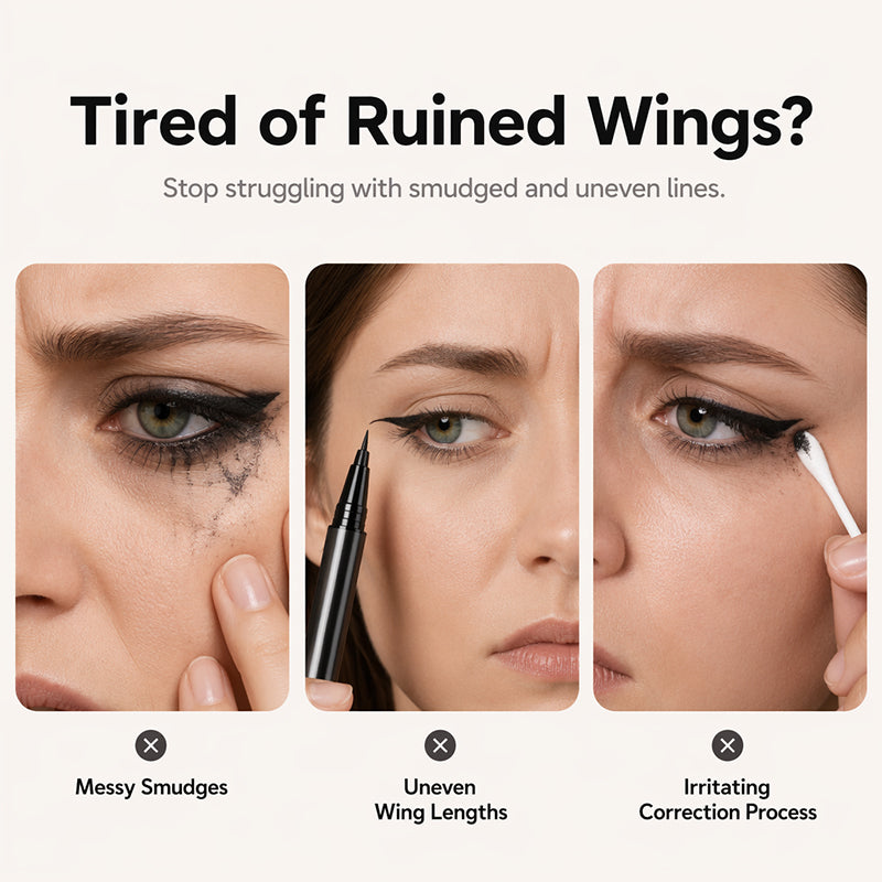 Common eyeliner problems including smudges, uneven wings and difficult cleanup