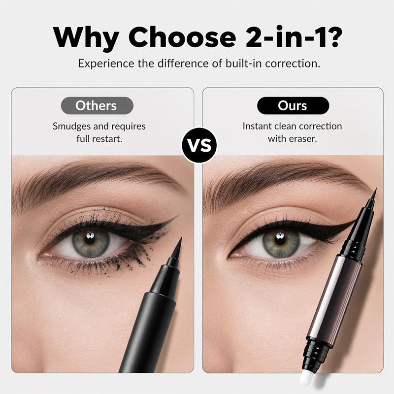 Comparison between ordinary eyeliner cleanup and a dual-ended liner with built-in corrector