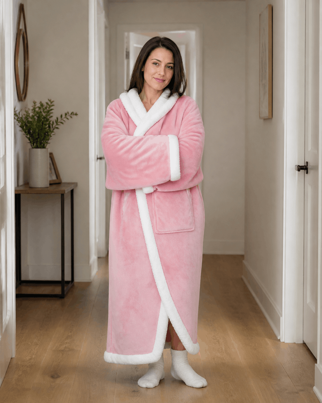 Woman relaxing at home wrapped in her Lookscene heated blanket, hands in the heated pockets