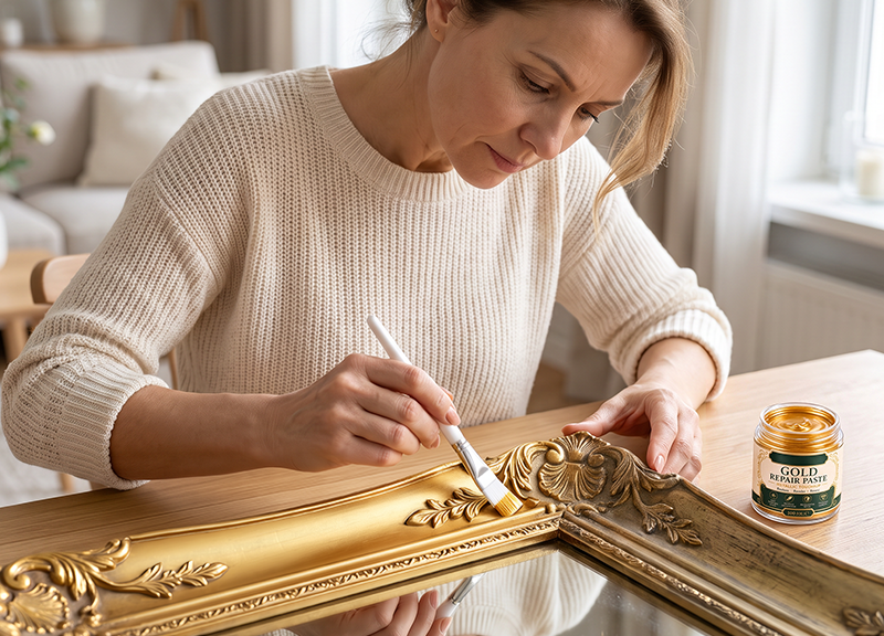 Applying metallic touch-up paste to an ornate gold frame